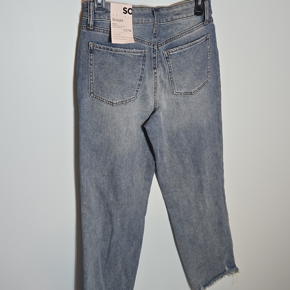 SO High Rise Straight Distressed Jeans Womens 5/27W Blue Authentic Stretch - Picture 7 of 7
